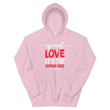 Spread Love Unisex Hoodie W/White & Red Letters-Light Pink-S-Tiffy Rocks Apparel