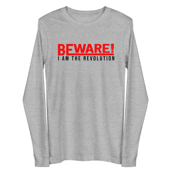 Beware I Am The Revolution Unisex Long Sleeve Tee W/Red & Black Letters-Athletic Heather-XS-Tiffy Rocks Apparel