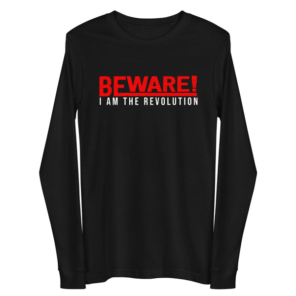 Beware I Am The Revolution Unisex Long Sleeve Tee W/Red & White Letters-Black-XS-Tiffy Rocks Apparel