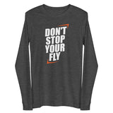 Don't Stop Your Fly Unisex Long Sleeve Tee W/White Letters-Dark Grey Heather-XS-Tiffy Rocks Apparel