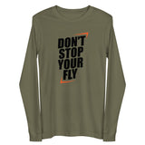 Don't Stop Your Fly Unisex Long Sleeve Tee W/Black Letters-Military Green-XS-Tiffy Rocks Apparel