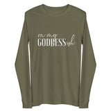 On My Goddess-ish Unisex Long Sleeve Tee W/ White Letters-Military Green-XS-Tiffy Rocks Apparel