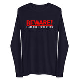 Beware I Am The Revolution Unisex Long Sleeve Tee W/Red & White Letters-Navy-XS-Tiffy Rocks Apparel