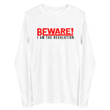 Beware I Am The Revolution Unisex Long Sleeve Tee W/Red & Black Letters-White-XS-Tiffy Rocks Apparel