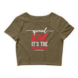 Spread Love Women’s Crop Tee W/White & Red Letters-Heather Olive-XS/SM-Tiffy Rocks Apparel