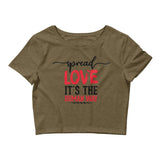 Spread Love Women’s Crop Tee W/Black and Red Letters-Heather Olive-XS/SM-Tiffy Rocks Apparel