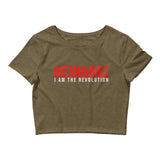 Beware I Am The Revolution Women’s Crop Tee W/Red & White Letters-Heather Olive-XS/SM-Tiffy Rocks Apparel