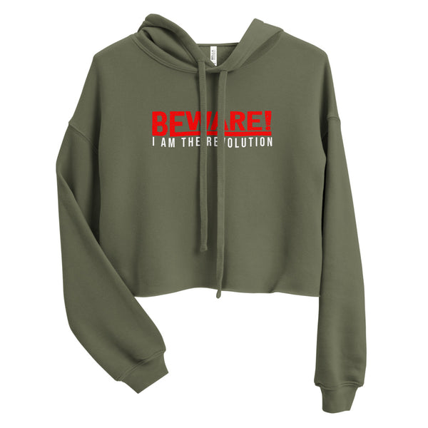 Beware I Am The Revolution Crop Hoodie W/Red & White Letters-Military Green-S-Tiffy Rocks Apparel