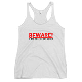 Beware I Am The Revolution Women's Racerback Tank W/Red & Black Letters-Heather White-S-Tiffy Rocks Apparel