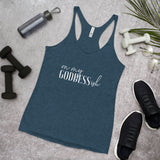 On My Goddess-ish Women's Racerback Tank W/White Letters-Indigo-S-Tiffy Rocks Apparel