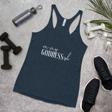 On My Goddess-ish Women's Racerback Tank W/White Letters-Vintage Navy-S-Tiffy Rocks Apparel