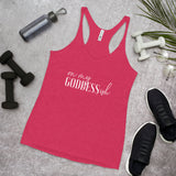 On My Goddess-ish Women's Racerback Tank W/White Letters-Vintage Shocking Pink-S-Tiffy Rocks Apparel