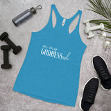 On My Goddess-ish Women's Racerback Tank W/White Letters-Vintage Turquoise-S-Tiffy Rocks Apparel